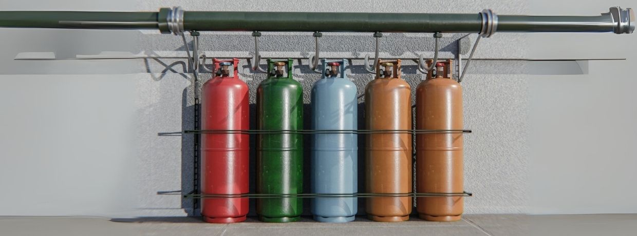 Duvara sabitlenmiş basınçlı gaz tüpleri